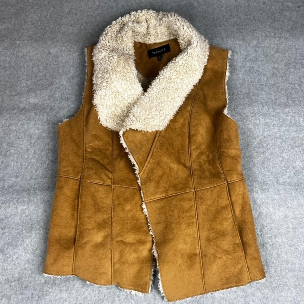 Talbots Women's Vest SMALL Faux Suede Shearling Lined Open-Front